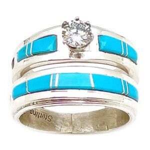 Native American Sterling Silver Navajo Handmade Turquoise Wedding Set Size 6.5St